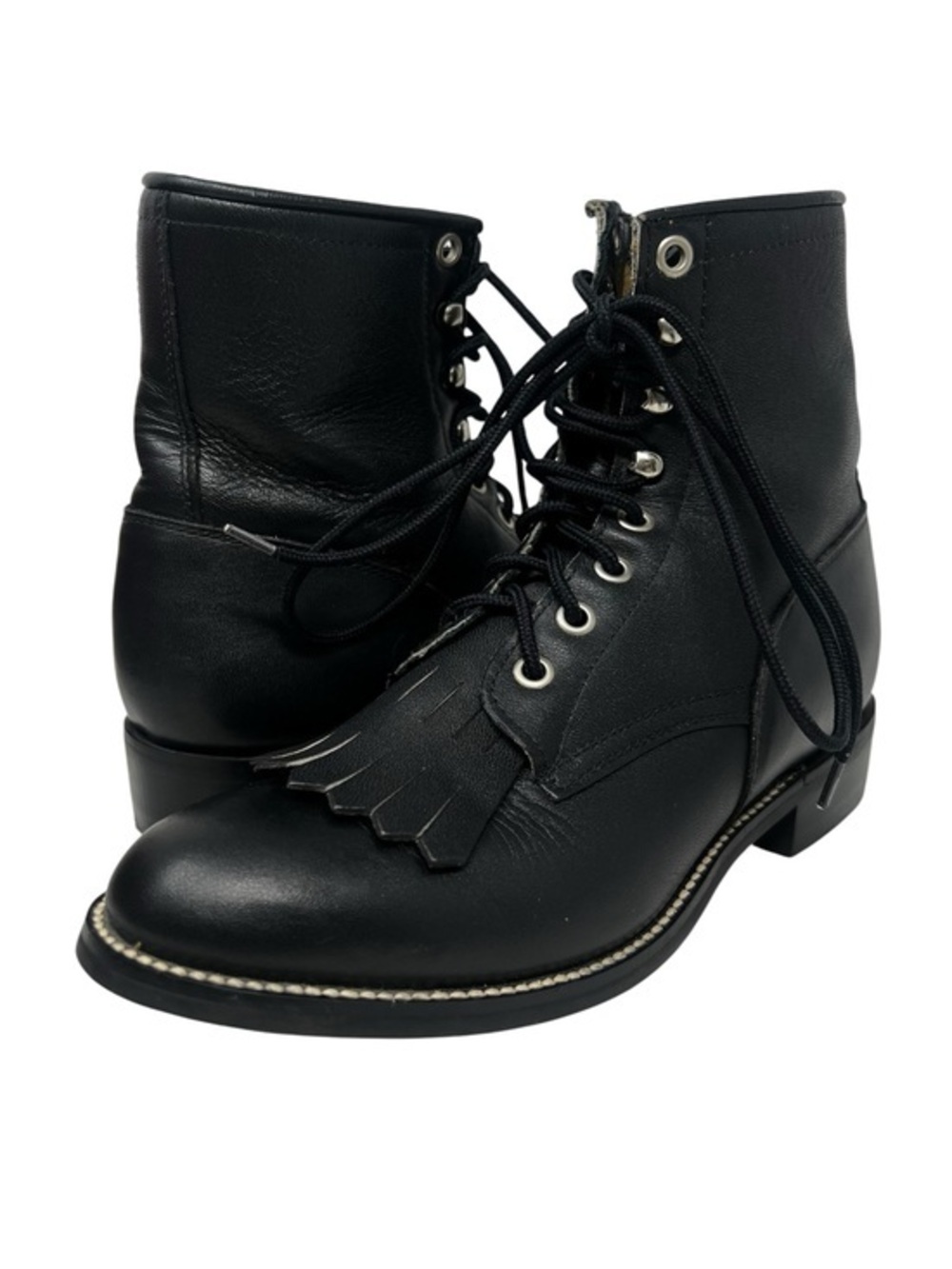 Justin Boots Black Kids Lace-Up Leather Ankle Boots with Kiltie